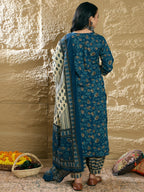Indo Era Teal Printed Straight Kurta Salwar With Dupatta set | Grocsy