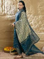 Indo Era Teal Printed Straight Kurta Salwar With Dupatta set | Grocsy