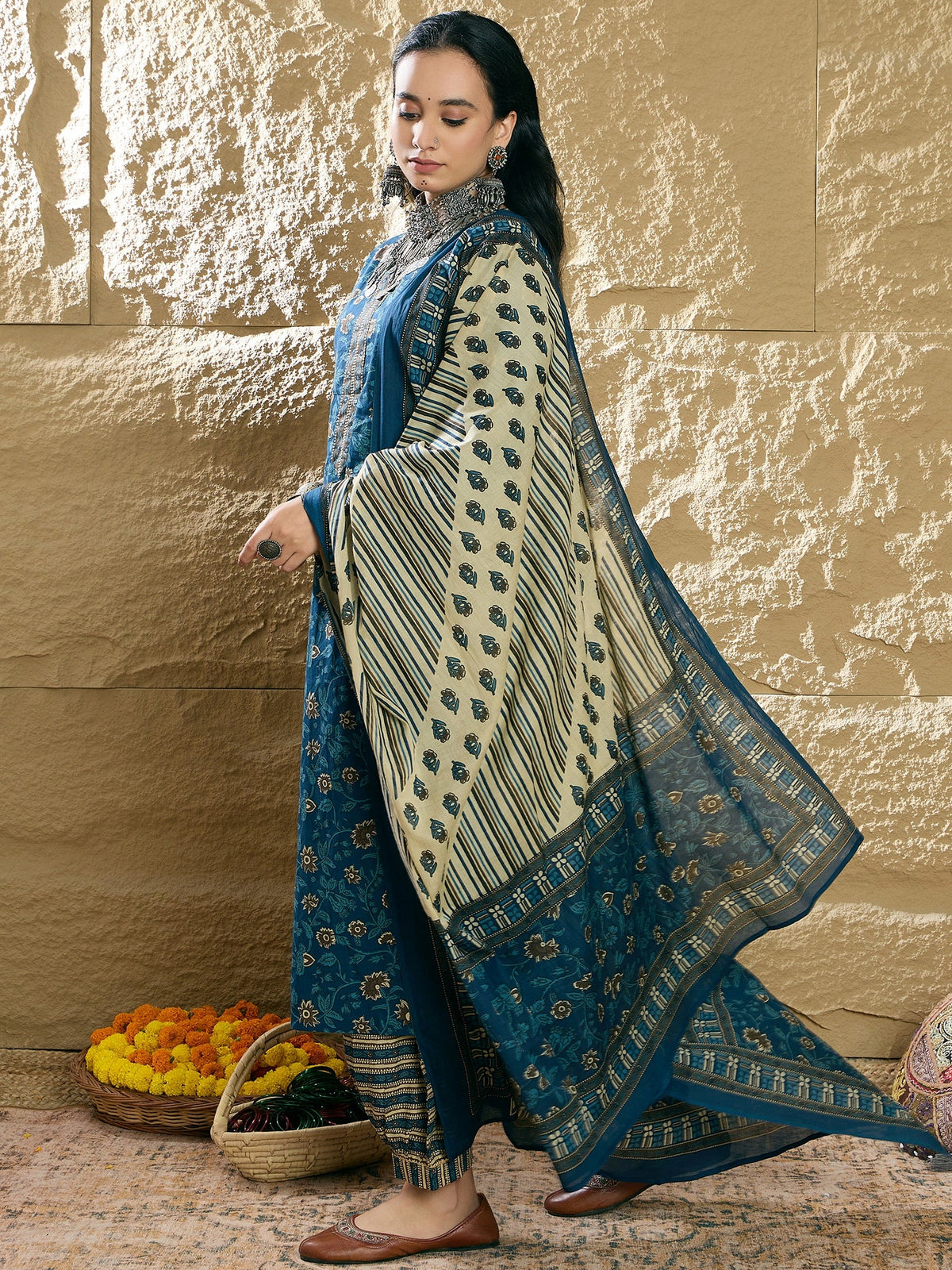 Indo Era Teal Printed Straight Kurta Salwar With Dupatta set | Grocsy