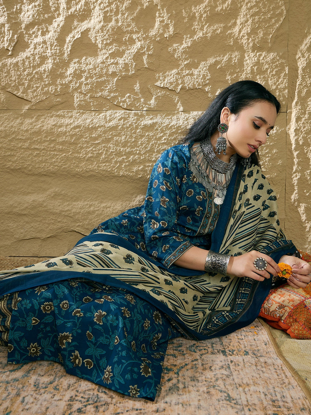 Indo Era Teal Printed Straight Kurta Salwar With Dupatta set | Grocsy