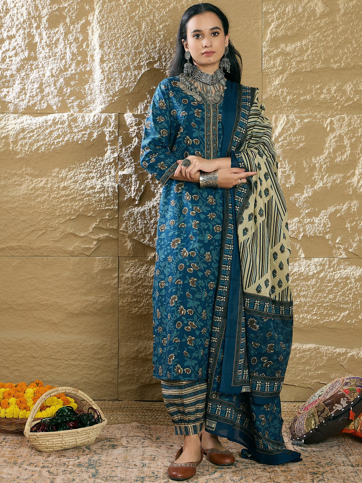 Indo Era Teal Printed Straight Kurta Salwar With Dupatta set | Grocsy