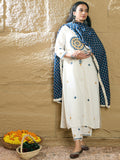 Indo Era Cream Embroidered Straight Kurta Trousers With Dupatta Set | Grocsy