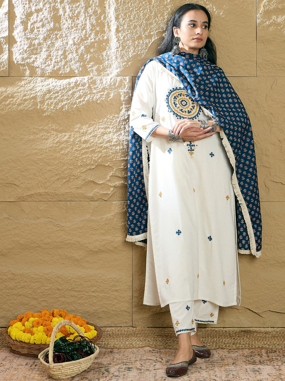 Indo Era Cream Embroidered Straight Kurta Trousers With Dupatta Set | Grocsy