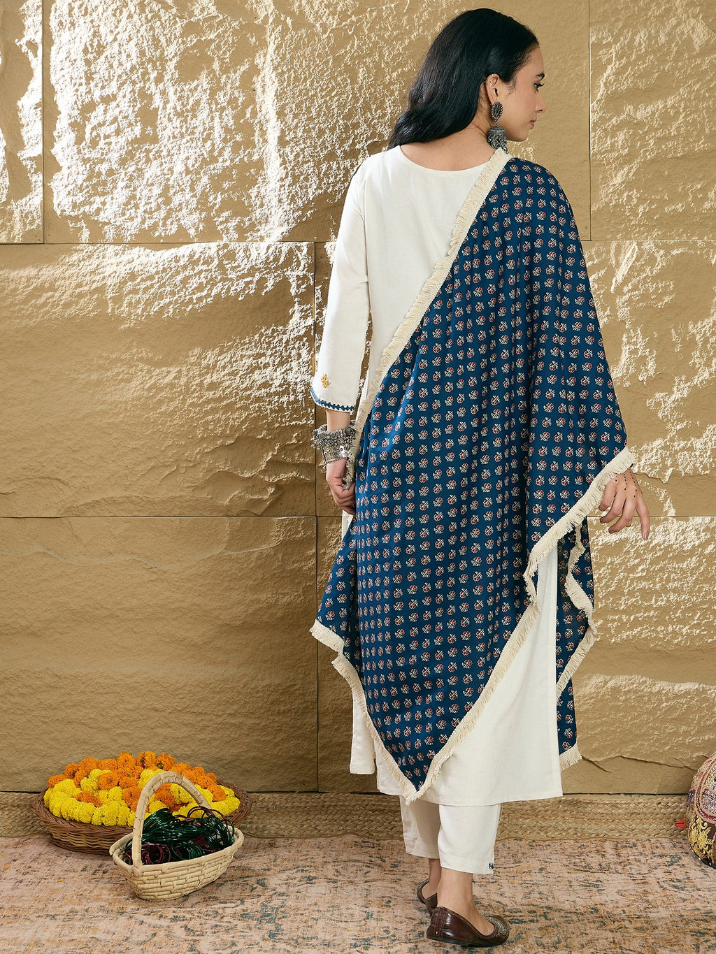Indo Era Cream Embroidered Straight Kurta Trousers With Dupatta Set | Grocsy