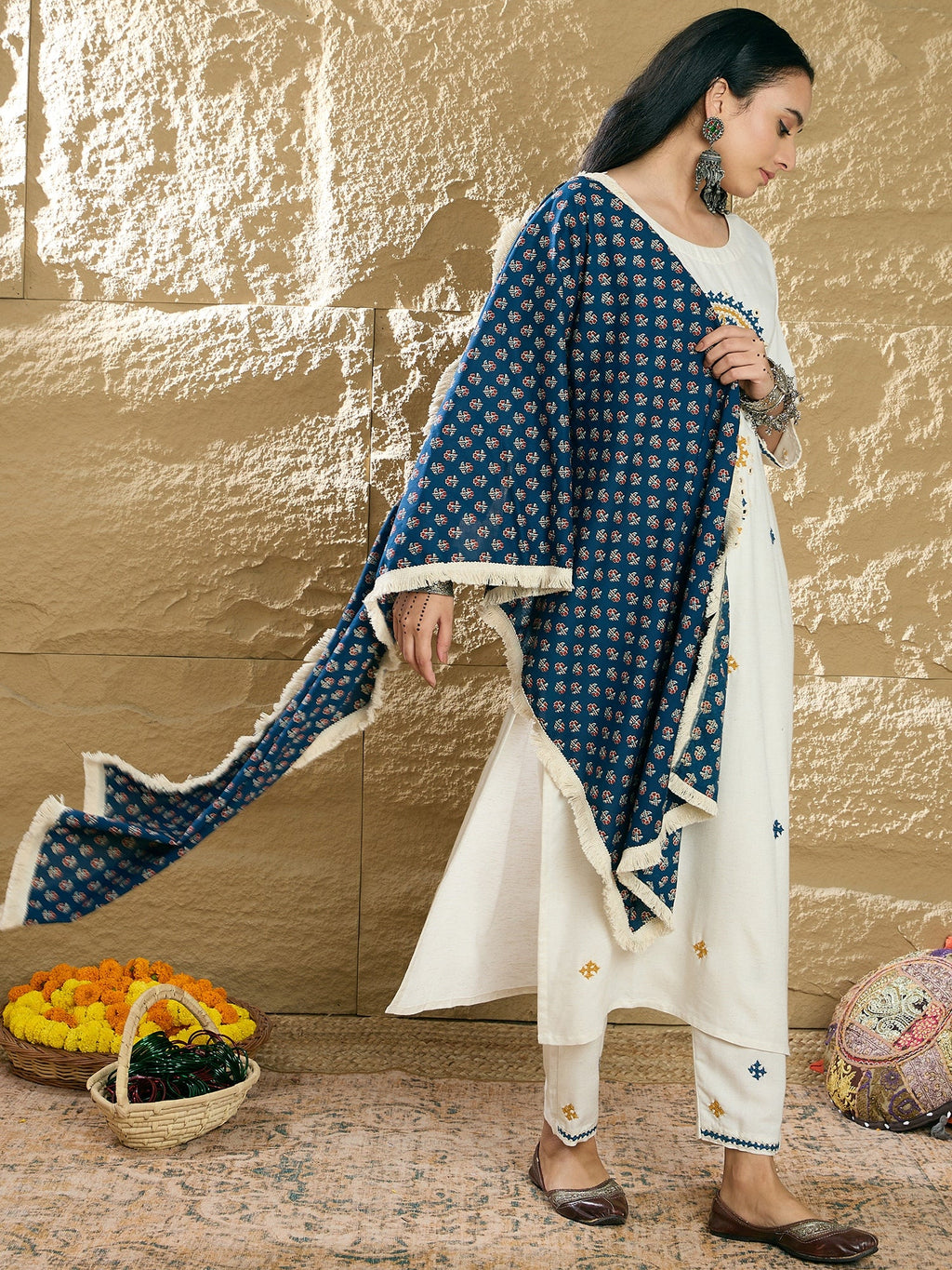Indo Era Cream Embroidered Straight Kurta Trousers With Dupatta Set | Grocsy