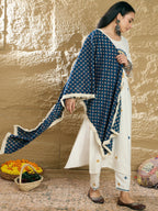 Indo Era Cream Embroidered Straight Kurta Trousers With Dupatta Set | Grocsy