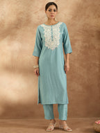 Indo Era Blue Embroidered Straight Kurta Trousers Set | Grocsy