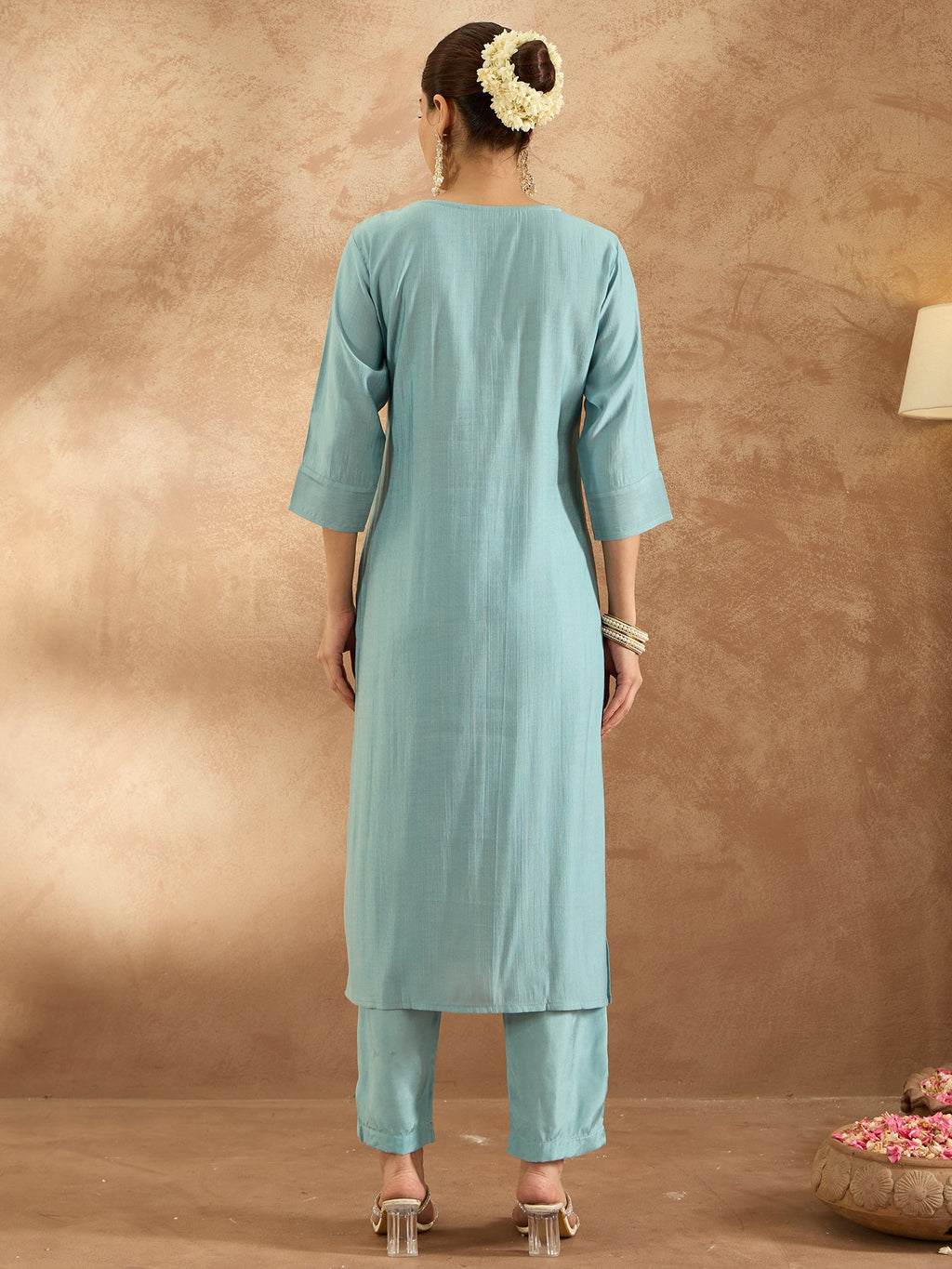 Indo Era Blue Embroidered Straight Kurta Trousers Set | Grocsy