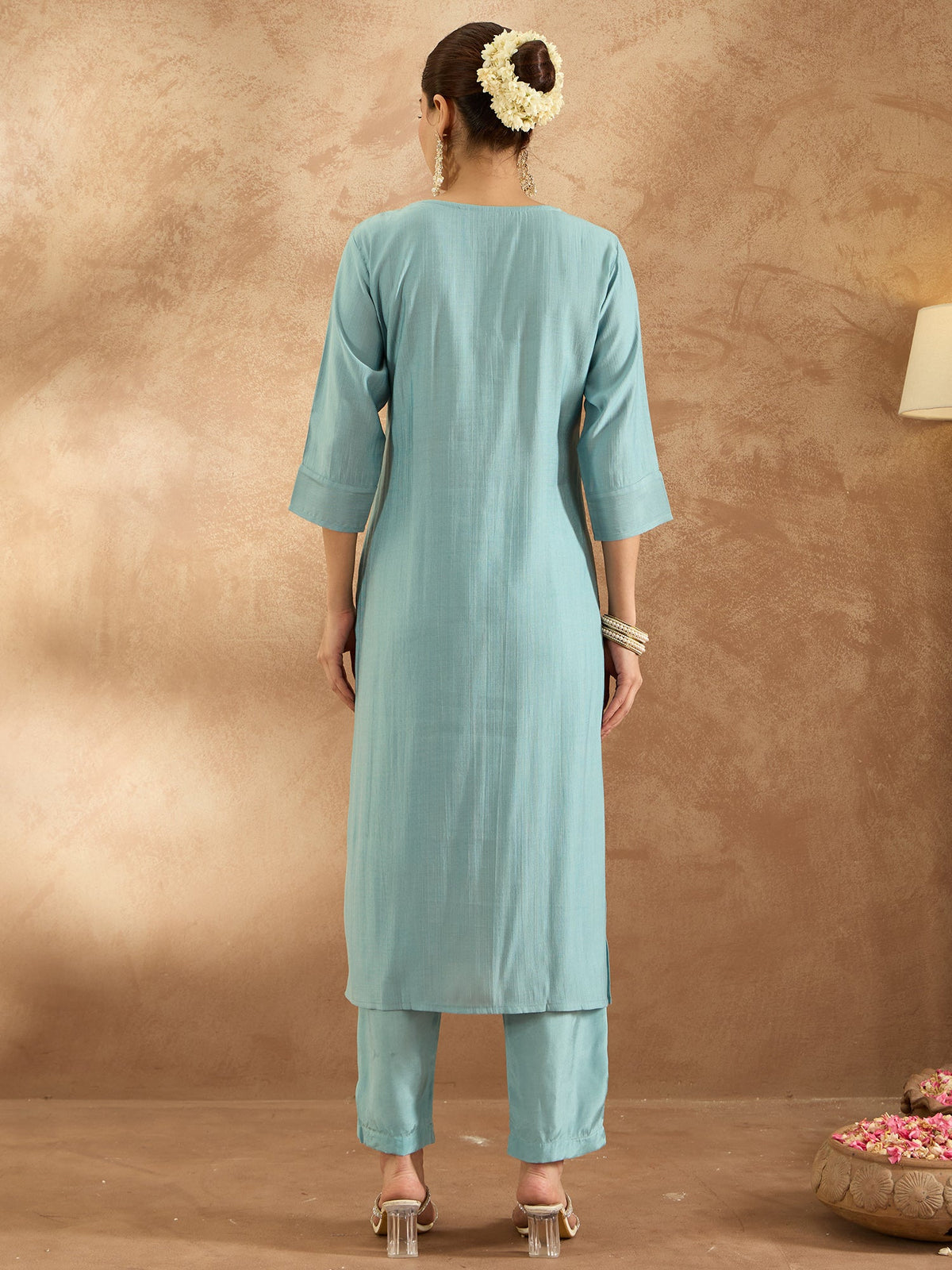 Indo Era Blue Embroidered Straight Kurta Trousers Set | Grocsy