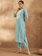 Indo Era Blue Embroidered Straight Kurta Trousers Set | Grocsy