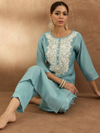 Indo Era Blue Embroidered Straight Kurta Trousers Set | Grocsy