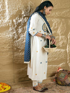 Indo Era Cream Embroidered Straight Kurta Trousers With Dupatta Set | Grocsy