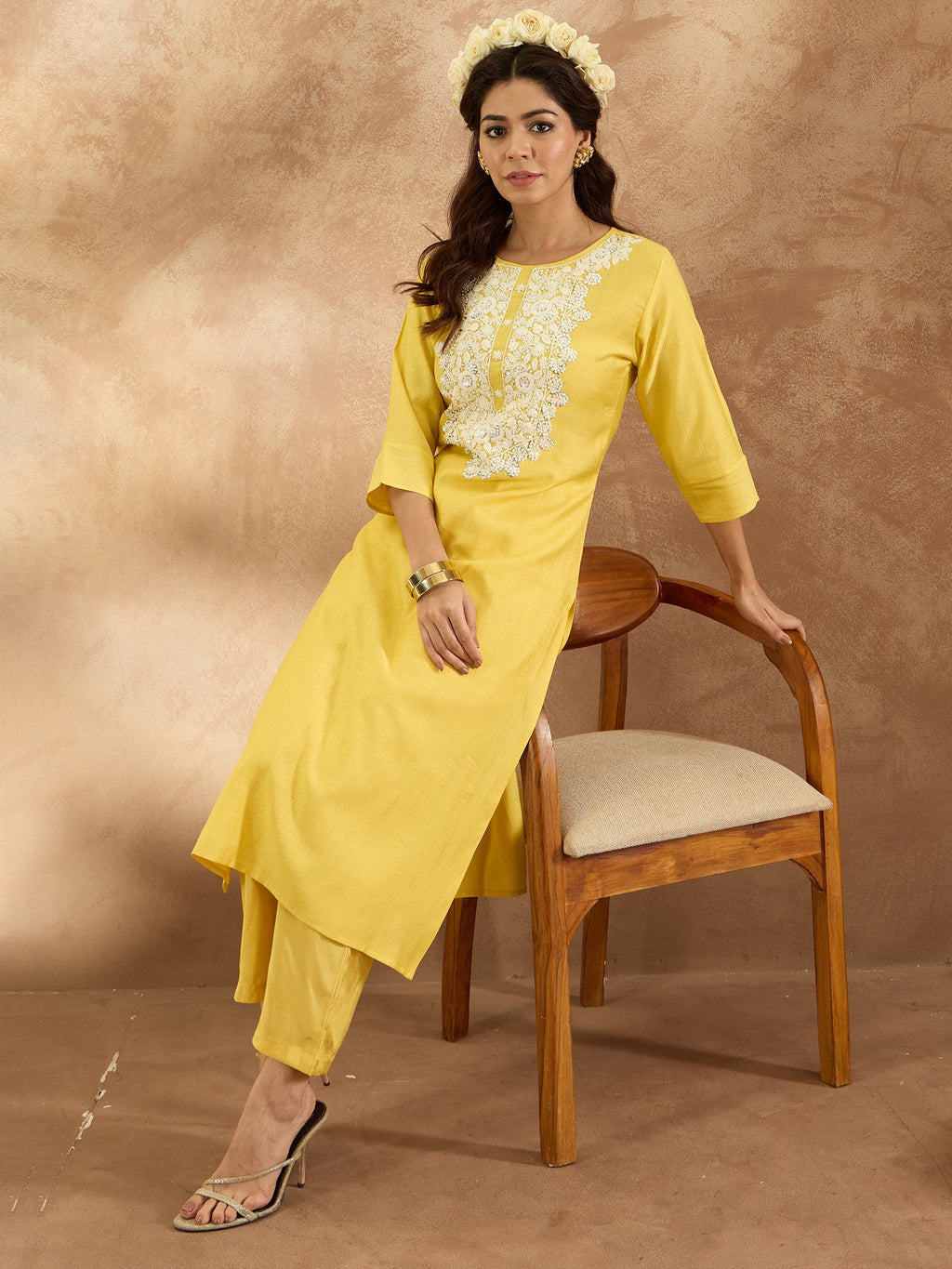 Indo Era Yellow Embroidered Straight Kurta Trousers Set | Grocsy