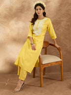Indo Era Yellow Embroidered Straight Kurta Trousers Set | Grocsy