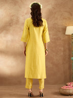 Indo Era Yellow Embroidered Straight Kurta Trousers Set | Grocsy