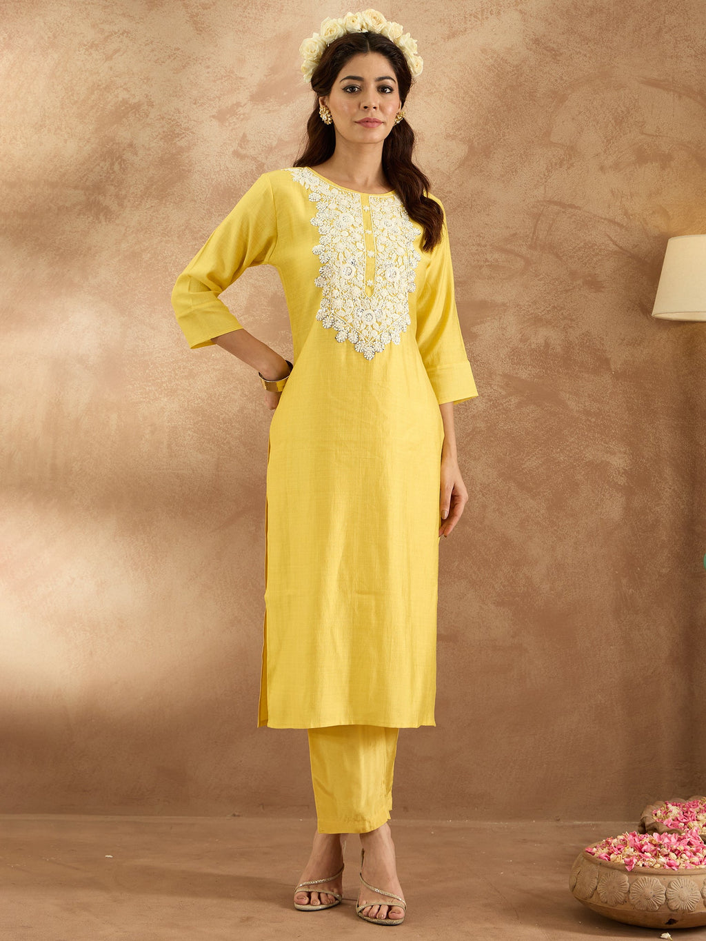 Indo Era Yellow Embroidered Straight Kurta Trousers Set | Grocsy