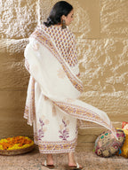 Indo Era White Printed A-Line Kurta Trousers With Dupatta Set | Grocsy