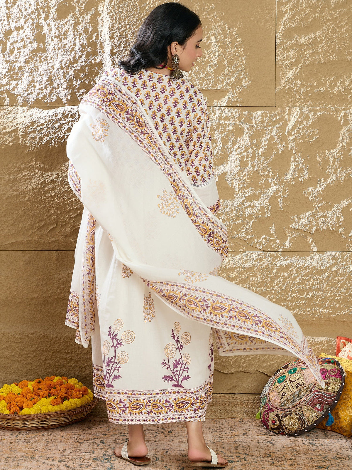 Indo Era White Printed A-Line Kurta Trousers With Dupatta Set | Grocsy