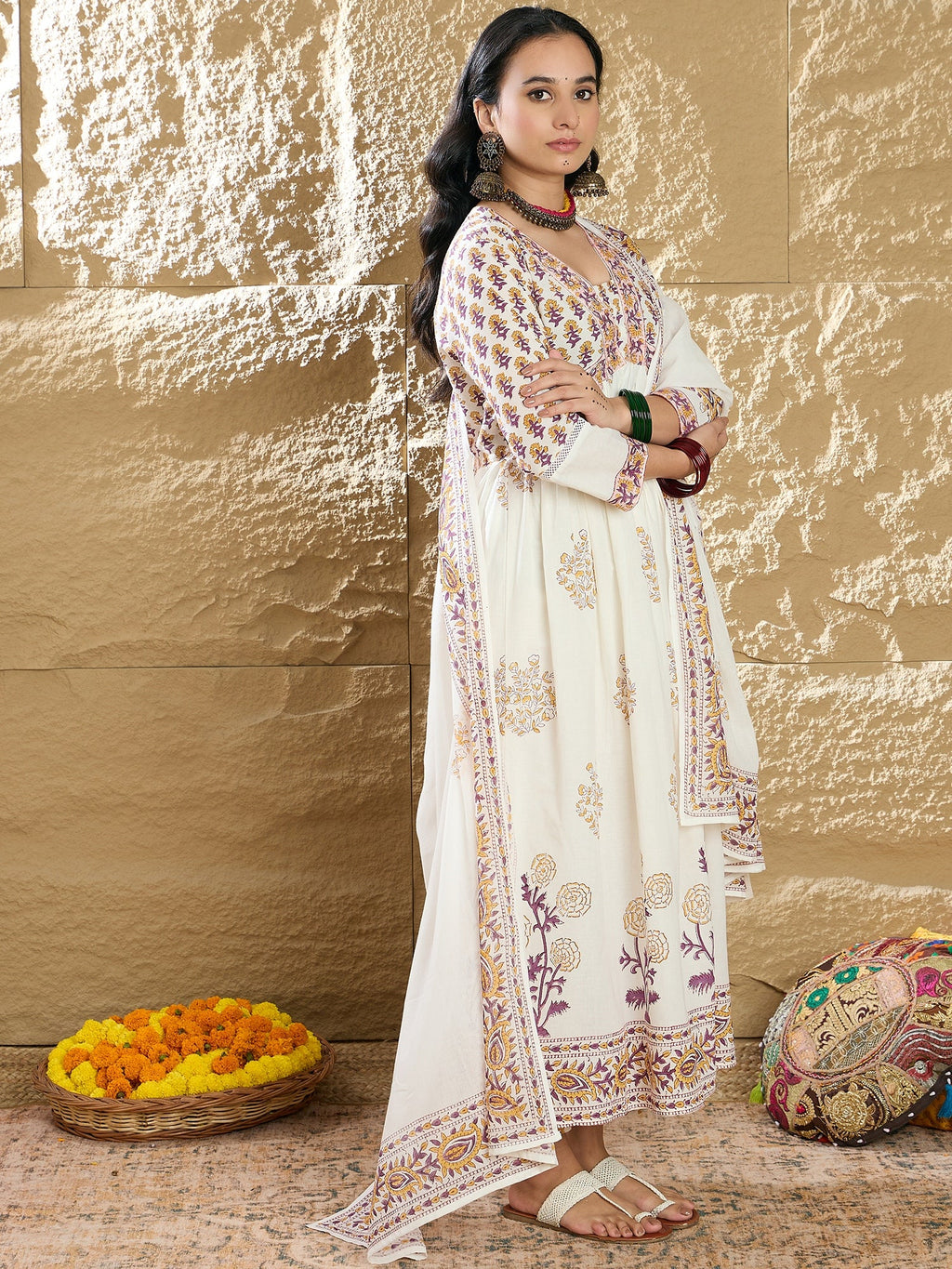 Indo Era White Printed A-Line Kurta Trousers With Dupatta Set | Grocsy