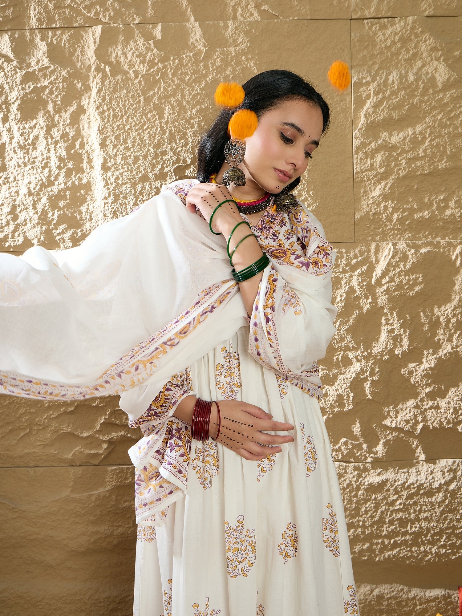 Indo Era White Printed A-Line Kurta Trousers With Dupatta Set | Grocsy