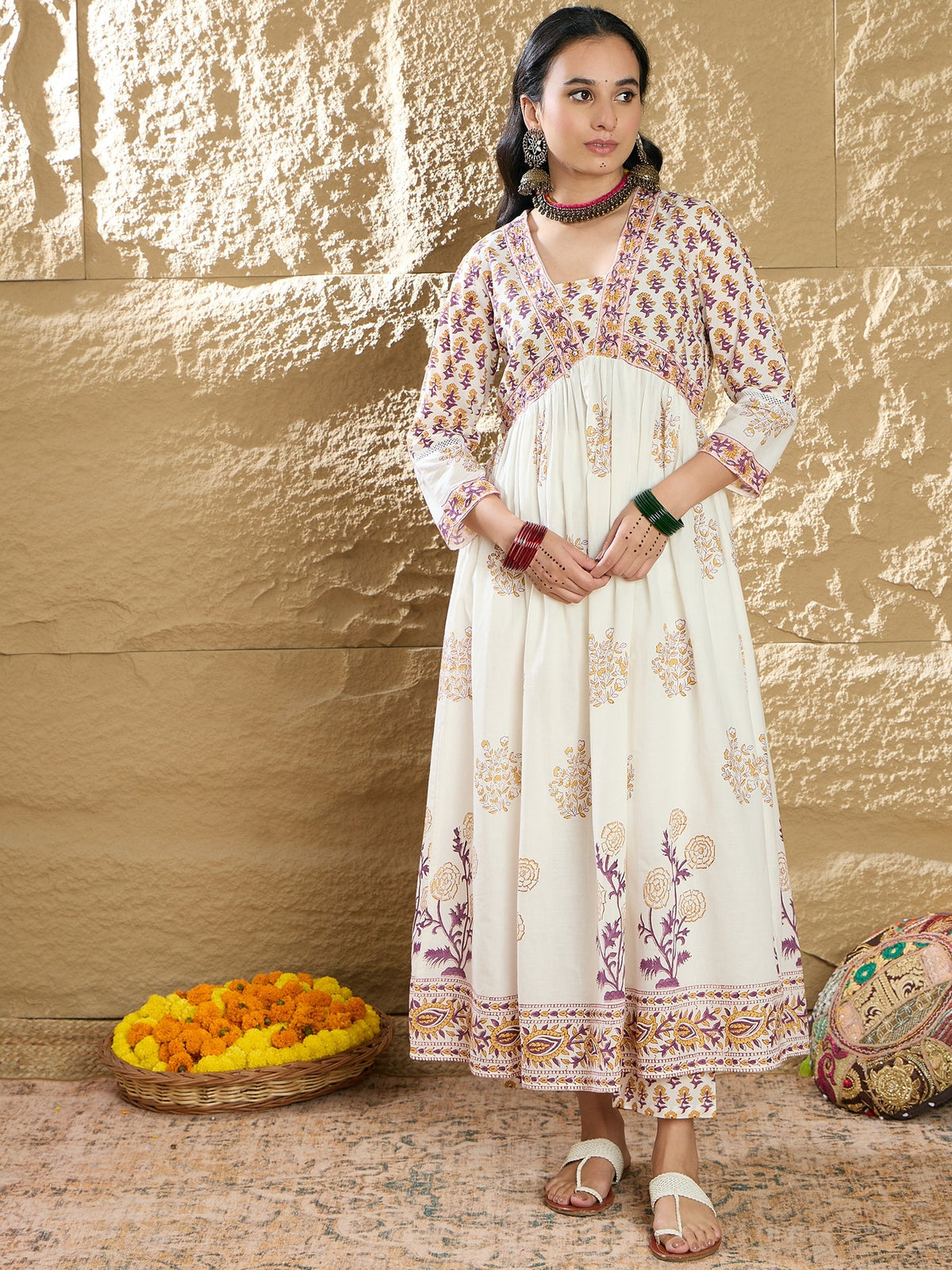 Indo Era White Printed A-Line Kurta Trousers With Dupatta Set | Grocsy