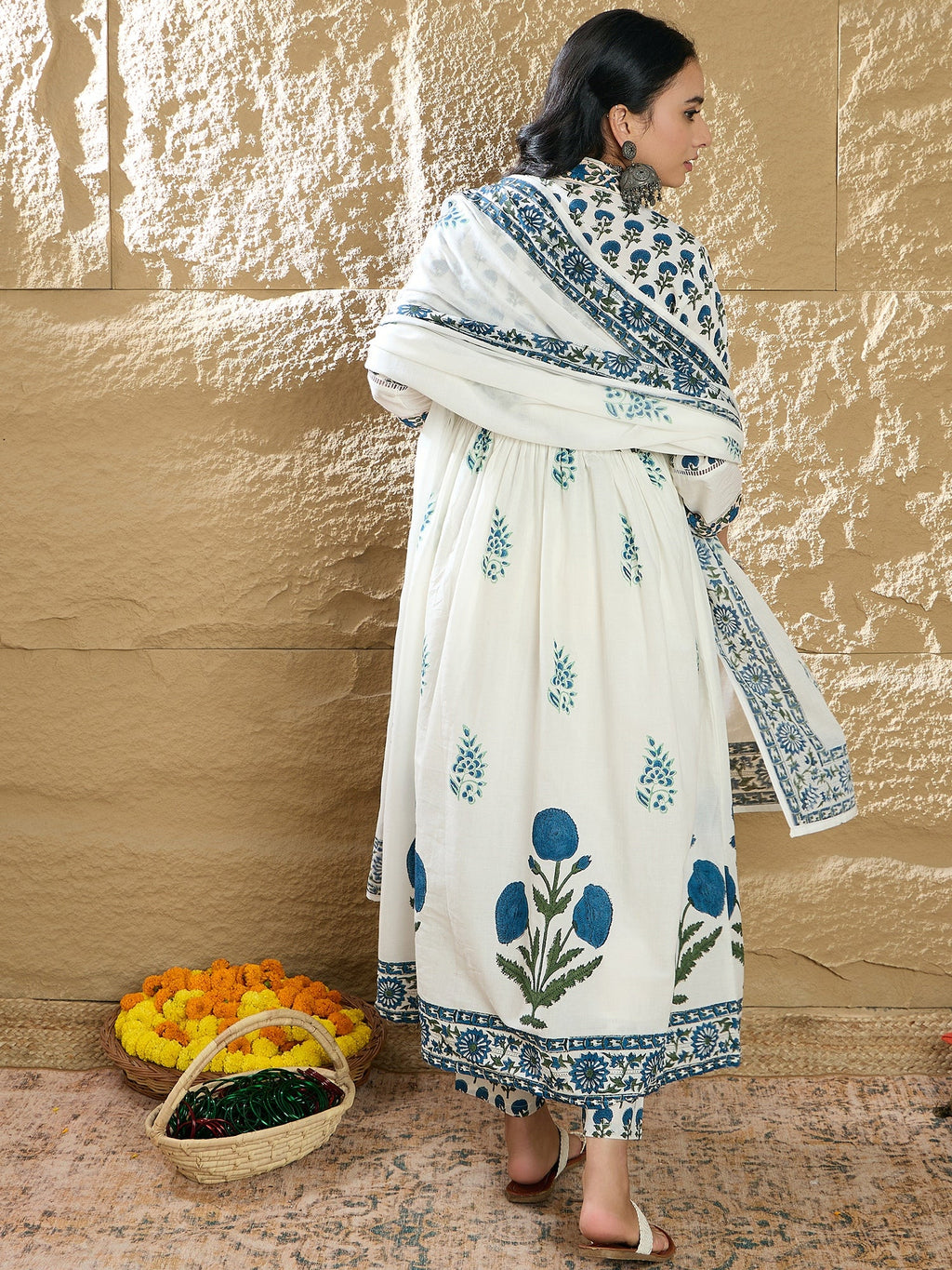Indo Era White Printed A-Line Kurta Trousers With Dupatta Set | Grocsy