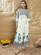 Indo Era White Printed A-Line Kurta Trousers With Dupatta Set | Grocsy