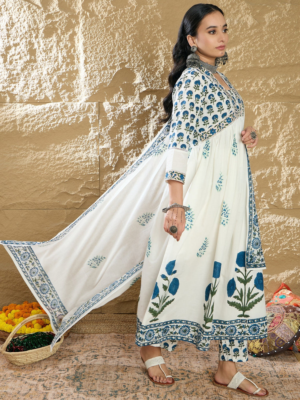 Indo Era White Printed A-Line Kurta Trousers With Dupatta Set | Grocsy