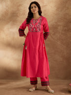Indo Era Pink Embroidered A-Line Kurta Trousers Set | Grocsy