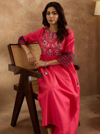 Indo Era Pink Embroidered A-Line Kurta Trousers Set | Grocsy