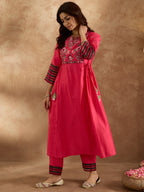 Indo Era Pink Embroidered A-Line Kurta Trousers Set | Grocsy