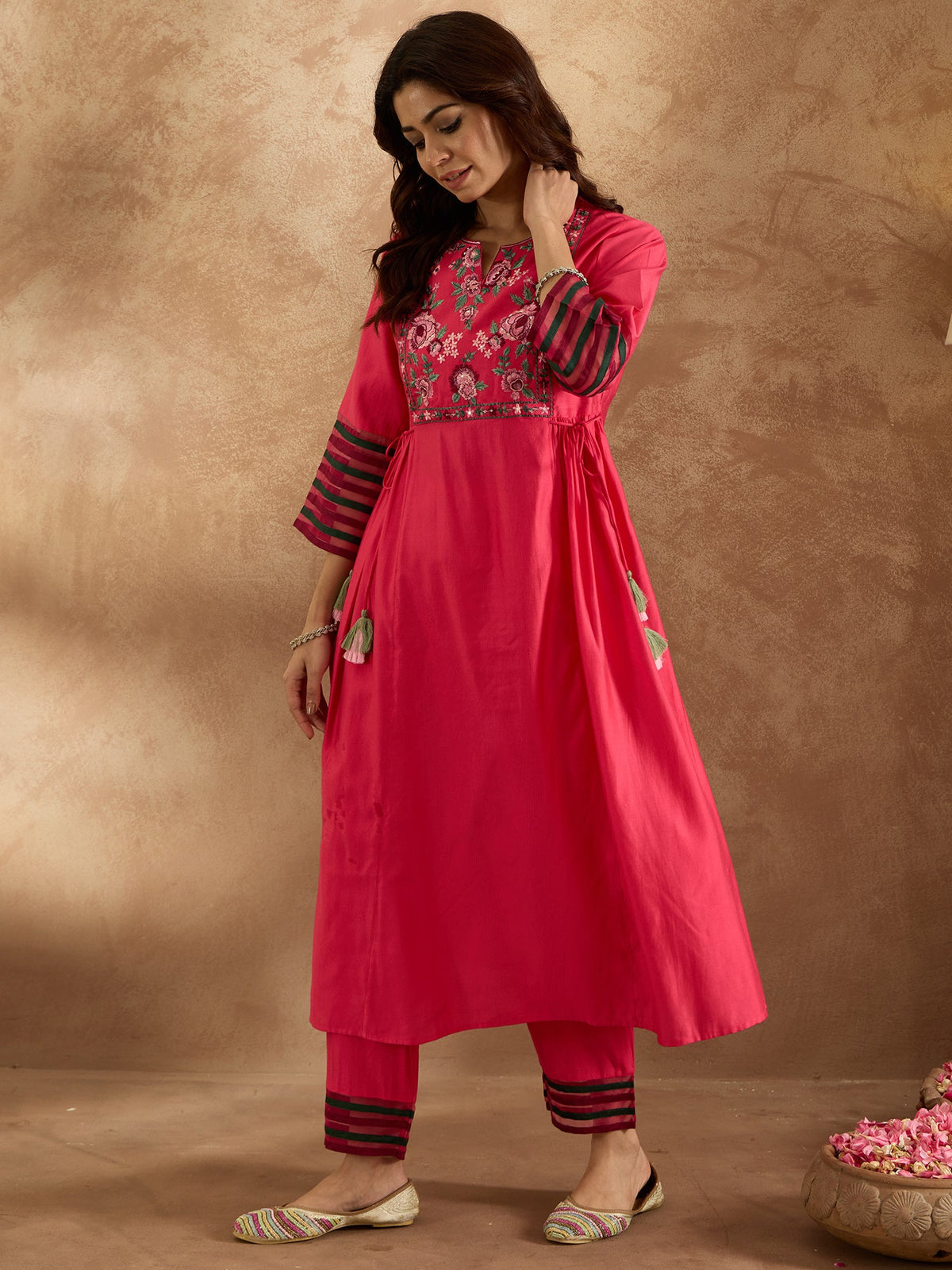 Indo Era Pink Embroidered A-Line Kurta Trousers Set | Grocsy