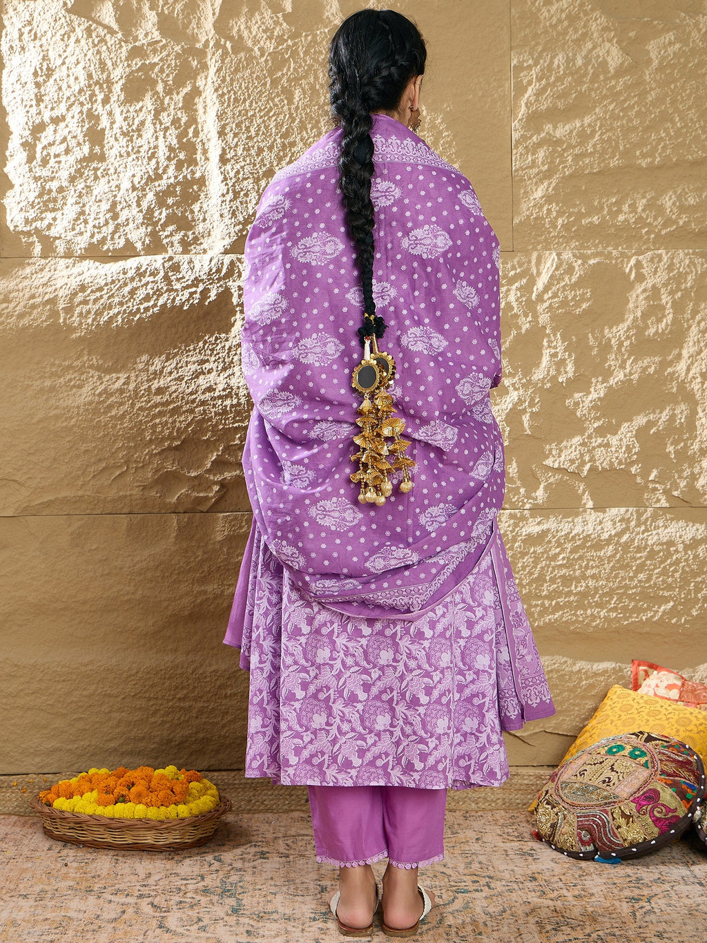 Indo Era Lavender Printed A-Line Kurta Trousers With Dupatta set | Grocsy