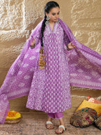 Indo Era Lavender Printed A-Line Kurta Trousers With Dupatta set | Grocsy
