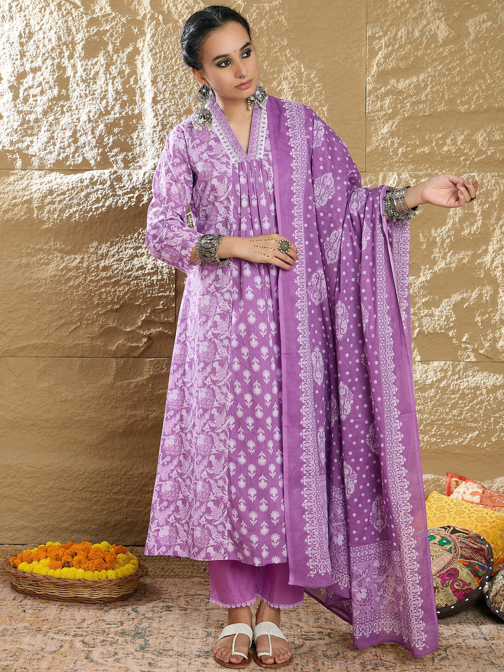 Indo Era Lavender Printed A-Line Kurta Trousers With Dupatta set | Grocsy