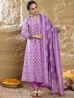 Indo Era Lavender Printed A-Line Kurta Trousers With Dupatta set | Grocsy
