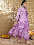 Indo Era Lavender Printed A-Line Kurta Trousers With Dupatta set | Grocsy