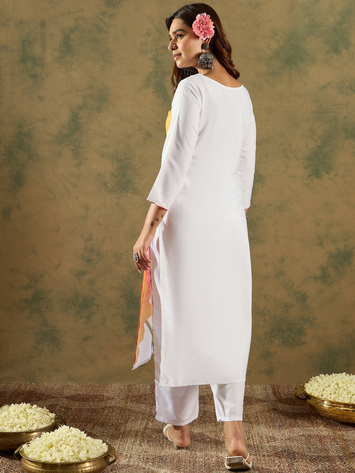 Indo Era White Printed Straight Kurta Trousers Set | Grocsy