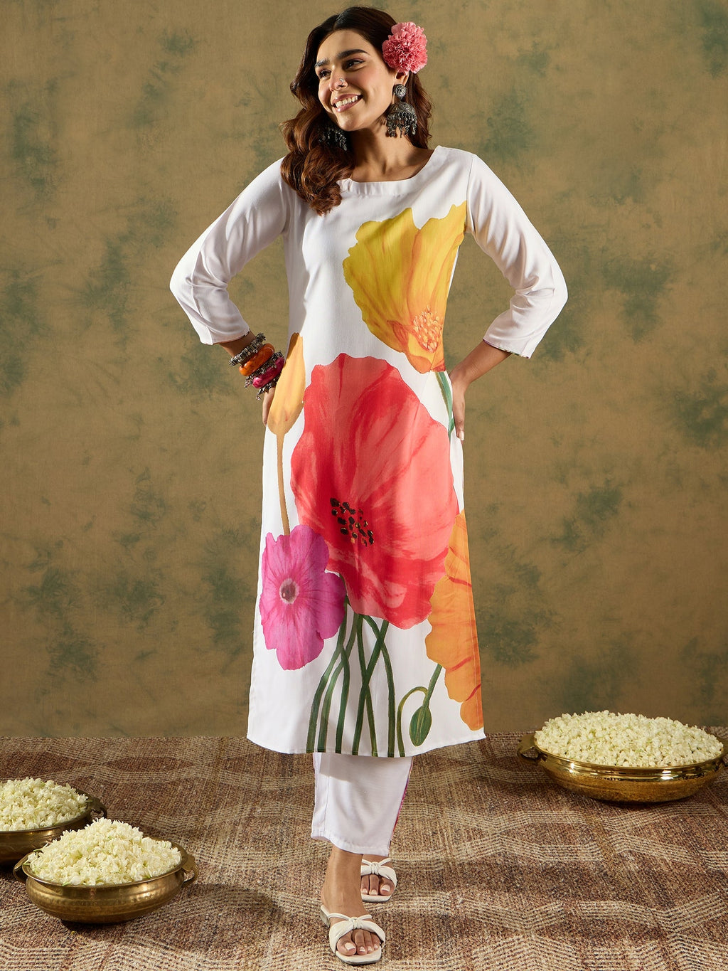 Indo Era White Printed Straight Kurta Trousers Set | Grocsy