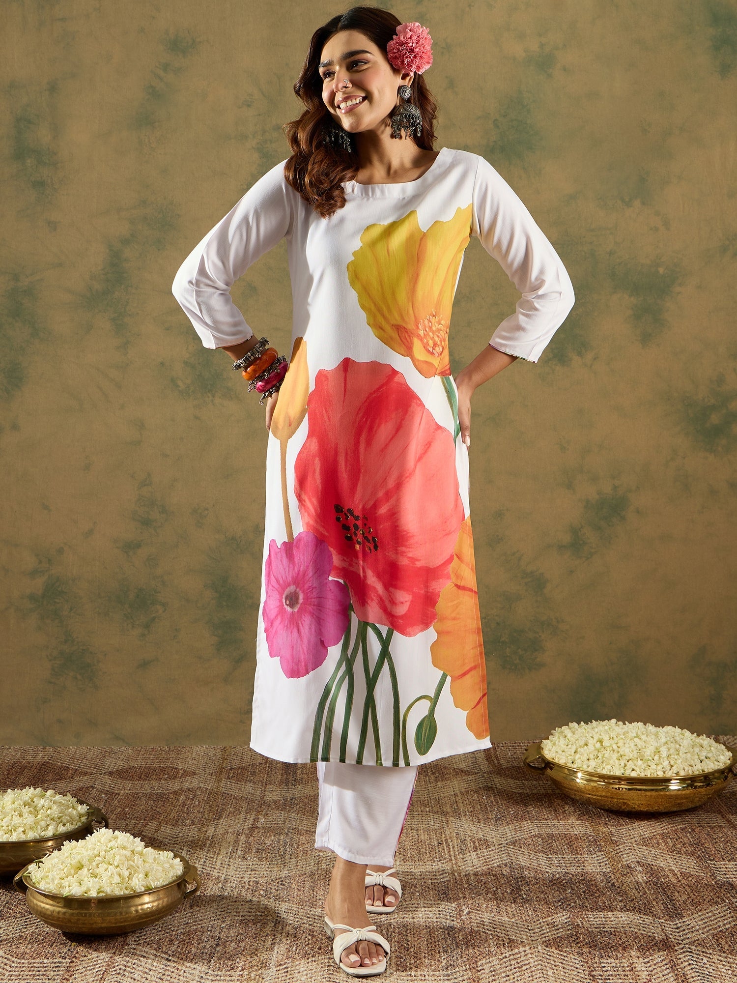 Indo Era White Printed Straight Kurta Trousers Set | Grocsy