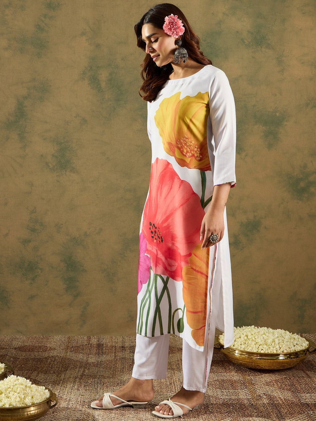 Indo Era White Printed Straight Kurta Trousers Set | Grocsy