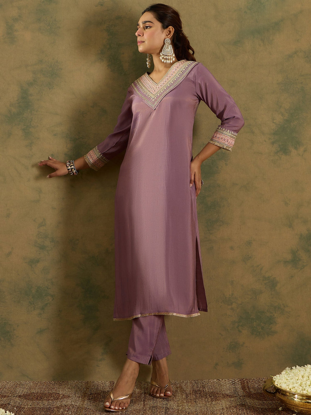 Indo Era Lavender Embroidered Straight Kurta Trousers Set | Grocsy