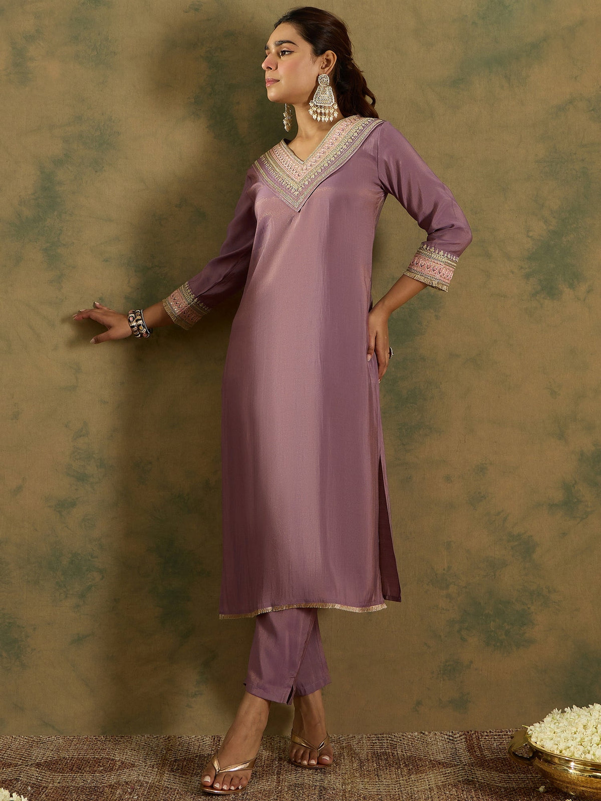 Indo Era Lavender Embroidered Straight Kurta Trousers Set | Grocsy