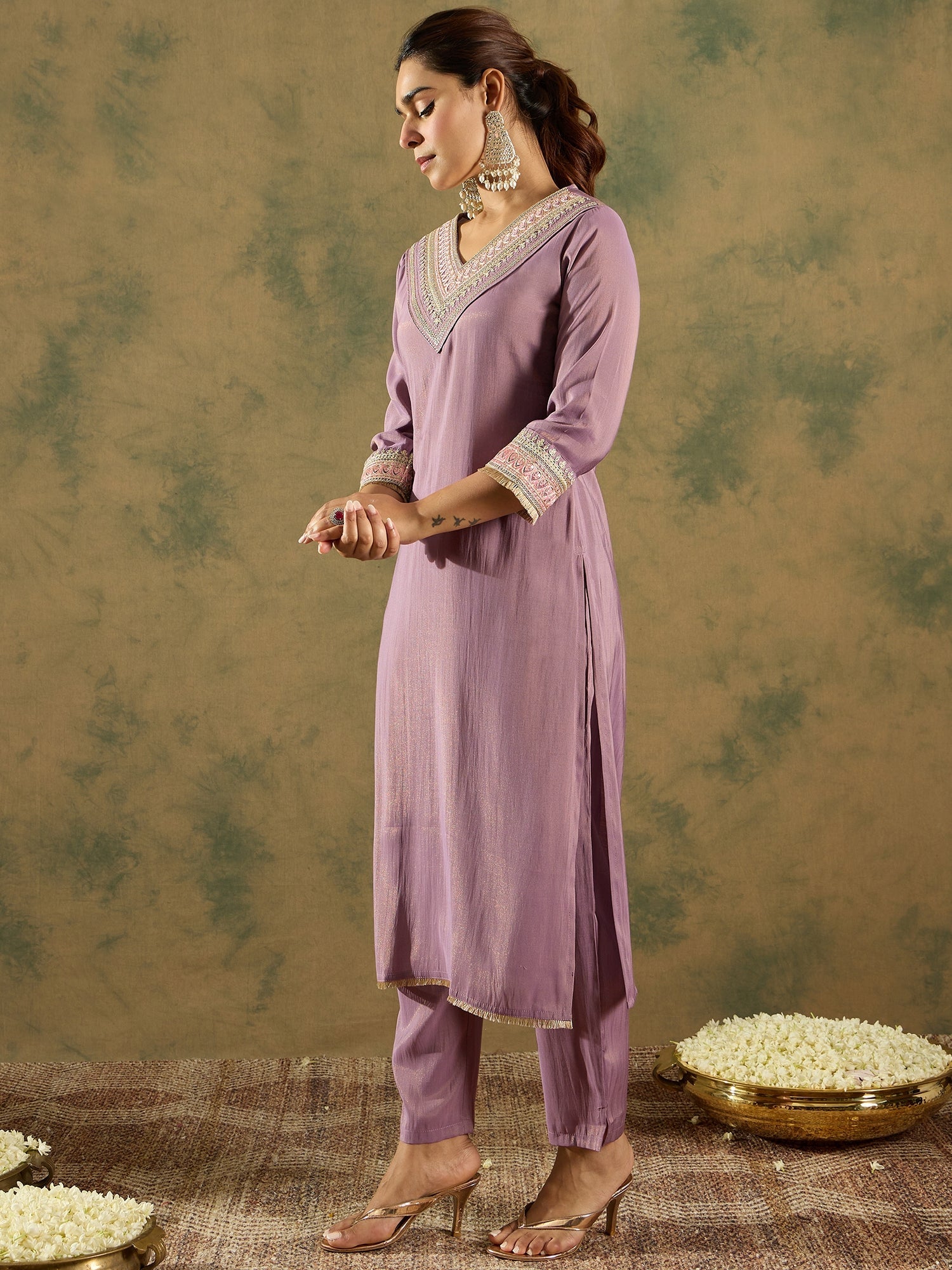 Indo Era Lavender Embroidered Straight Kurta Trousers Set | Grocsy