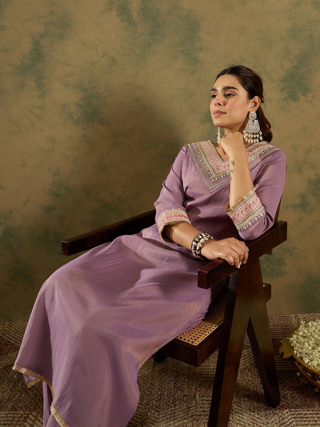 Indo Era Lavender Embroidered Straight Kurta Trousers Set | Grocsy