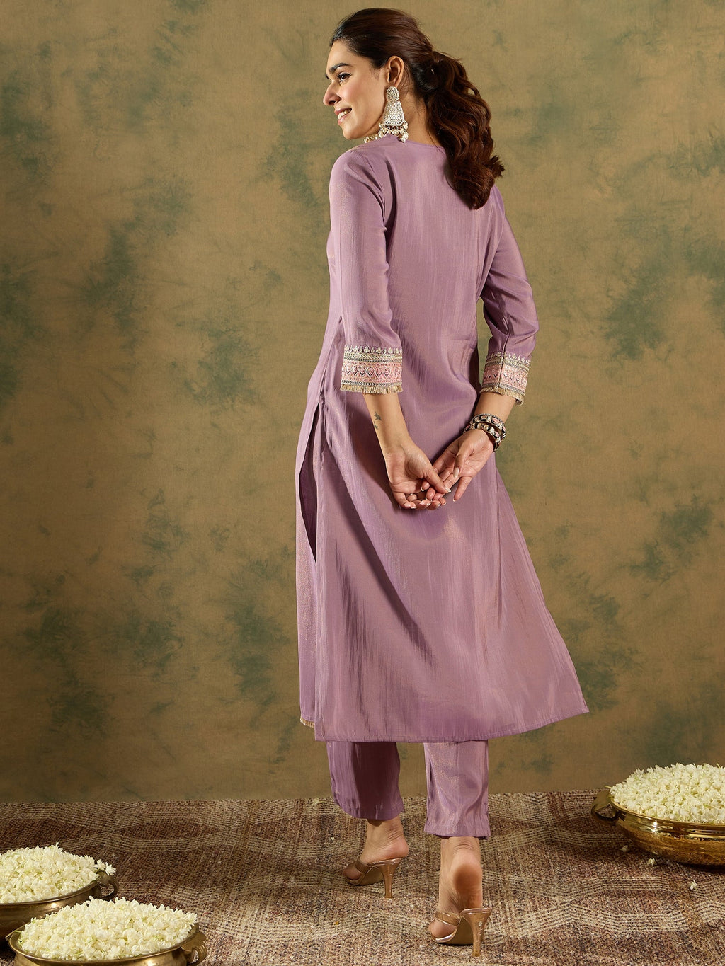 Indo Era Lavender Embroidered Straight Kurta Trousers Set | Grocsy