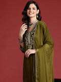 Indo Era Green Embroidered Straight Kurta Trousers With Dupatta set | Grocsy