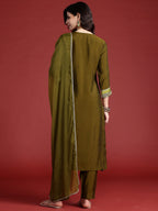 Indo Era Green Embroidered Straight Kurta Trousers With Dupatta set | Grocsy