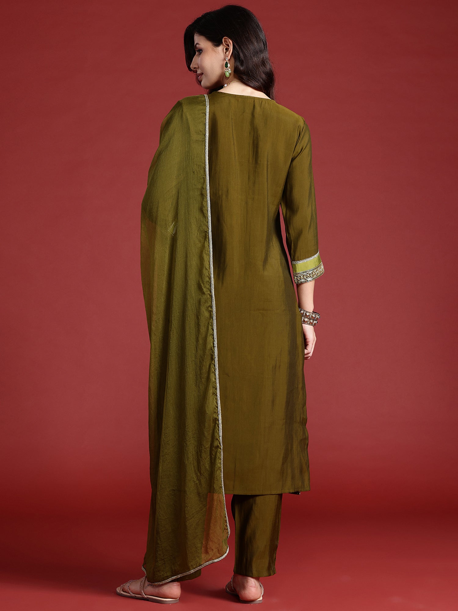 Indo Era Green Embroidered Straight Kurta Trousers With Dupatta set | Grocsy
