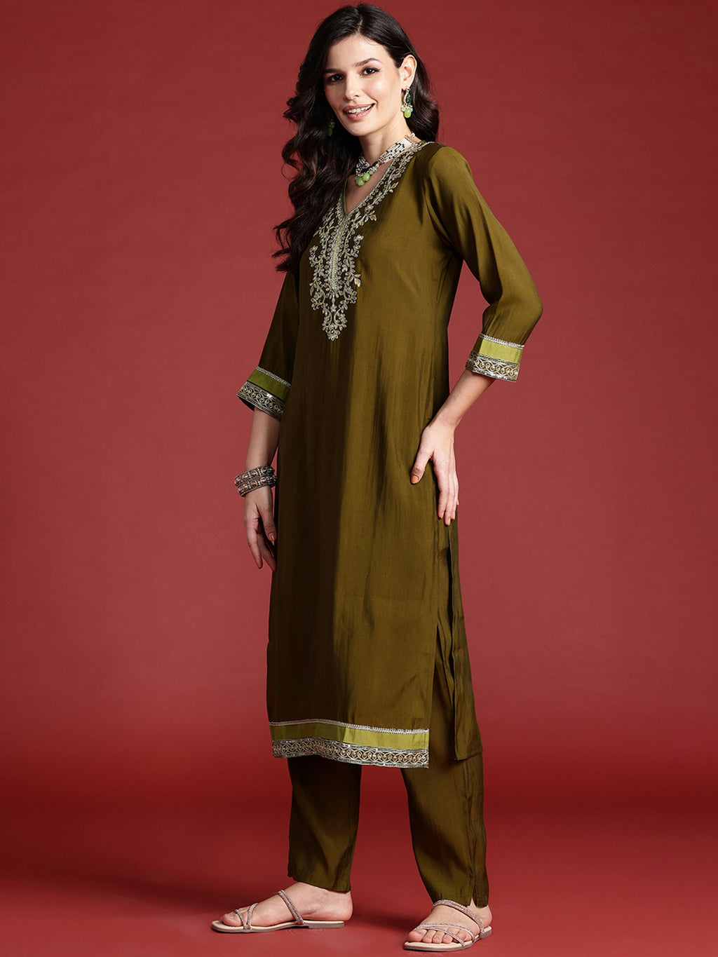 Indo Era Green Embroidered Straight Kurta Trousers With Dupatta set | Grocsy
